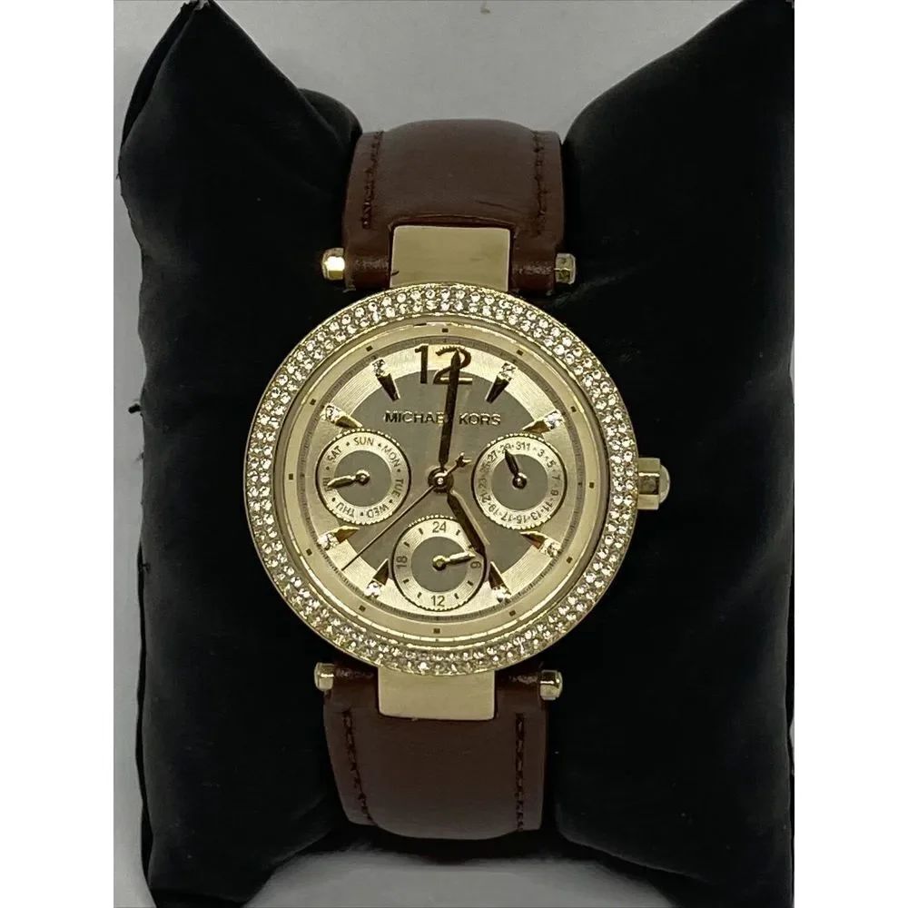 Michael Kors MK6351 Women's Brown Leather Analog Gold Dial Quartz Watch WO659